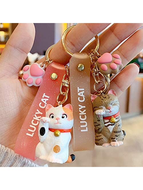 ZEXIN New Cute Lucky Cat Keychains Car Key Accessories Bag Decoration Keyrings Cartoon Lovely Cat Keychains Pendant(White)