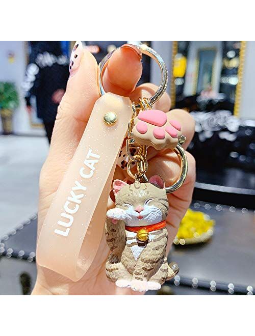 ZEXIN New Cute Lucky Cat Keychains Car Key Accessories Bag Decoration Keyrings Cartoon Lovely Cat Keychains Pendant(White)