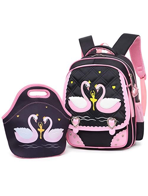 Mloovnemo Cute Swan Ballet Dancing Girl Diamond Sequins Waterproof Princess School Backpack Set Girls Book Bag (Large, Pink Set)