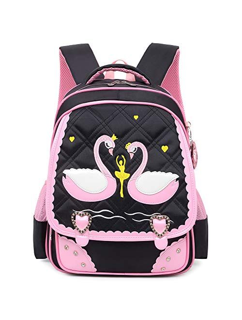 Mloovnemo Cute Swan Ballet Dancing Girl Diamond Sequins Waterproof Princess School Backpack Set Girls Book Bag (Large, Pink Set)