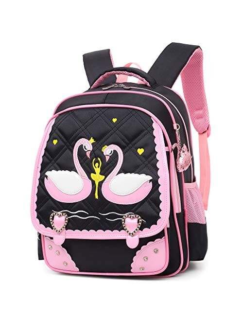 Mloovnemo Cute Swan Ballet Dancing Girl Diamond Sequins Waterproof Princess School Backpack Set Girls Book Bag (Large, Pink Set)