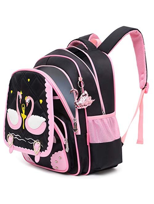 Mloovnemo Cute Swan Ballet Dancing Girl Diamond Sequins Waterproof Princess School Backpack Set Girls Book Bag (Large, Pink Set)