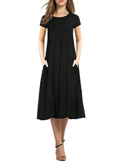 Necooer Women's Casual Loose Plain Pleated Long Dress Short Sleeve Midi Dresses