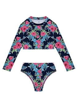 zdhoor Kids Girls Rush Guard Long Sleeve Crop Top Shirt Bottom Swimsuit 2 Piece Bathing Suit Swimwear