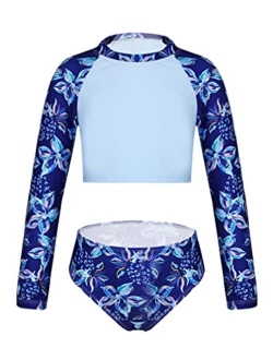 zdhoor Kids Girls Rush Guard Long Sleeve Crop Top Shirt Bottom Swimsuit 2 Piece Bathing Suit Swimwear