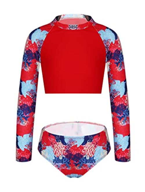 zdhoor Kids Girls Rush Guard Long Sleeve Crop Top Shirt Bottom Swimsuit 2 Piece Bathing Suit Swimwear