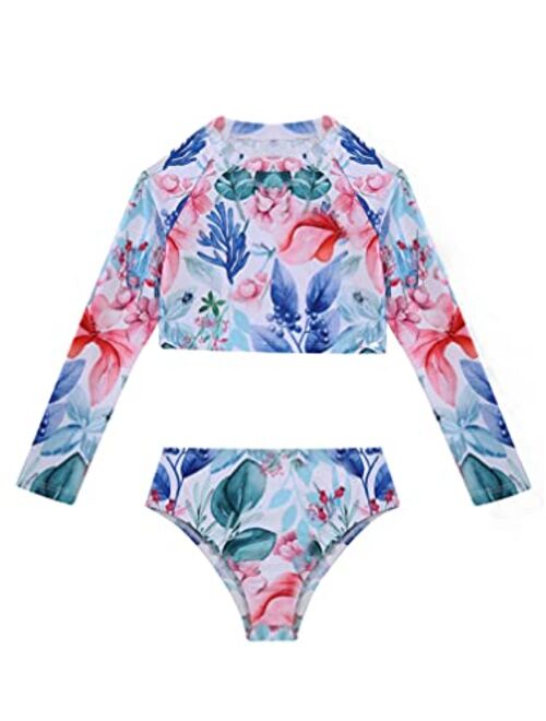 zdhoor Kids Girls Rush Guard Long Sleeve Crop Top Shirt Bottom Swimsuit 2 Piece Bathing Suit Swimwear