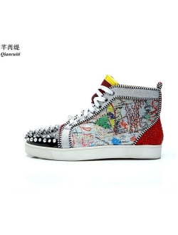 Men Graffiti Painting High Top Spiked Sneakers Mixed Color Casual Shoes Lace-up Runway Male