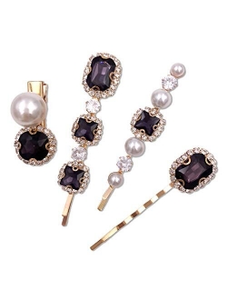 4PCS Pink Diamond Crystal Pearl Gold Bobby Pins Decorative Hair Slides Clips Accessories Women