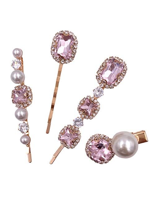 4PCS Pink Diamond Crystal Pearl Gold Bobby Pins Decorative Hair Slides Clips Accessories Women