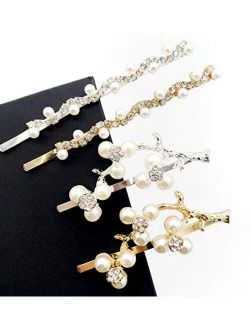 4 Pcs Women's Pearl Rhinestone Hair Clip Antler Plum Branch Bobby Pins Barrette Hairpin Metal Side Clips Wedding Hair Clips Hair Accessories for Women