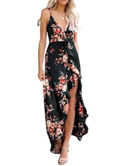 Sidefeel Womens V Neck Backless Floral Print Spaghetti Strap Split Dresses