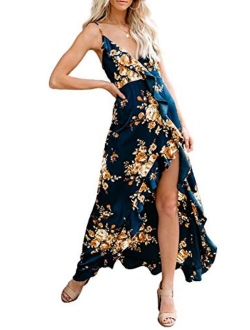 Sidefeel Womens V Neck Backless Floral Print Spaghetti Strap Split Dresses