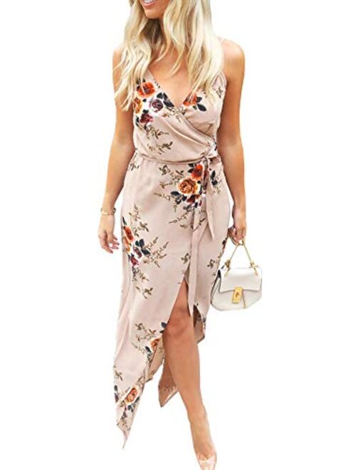 Sidefeel Womens V Neck Backless Floral Print Spaghetti Strap Split Dresses