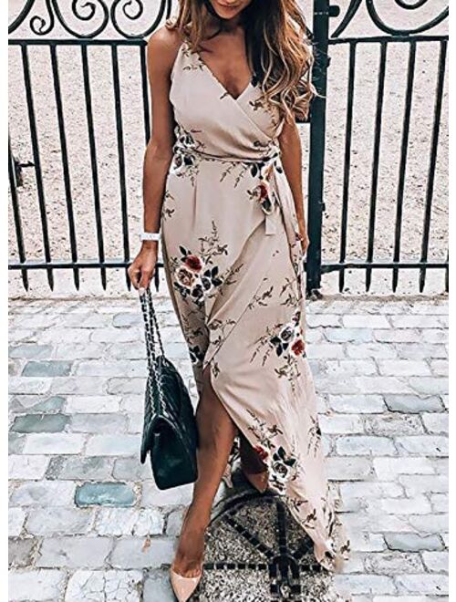 Sidefeel Womens V Neck Backless Floral Print Spaghetti Strap Split Dresses