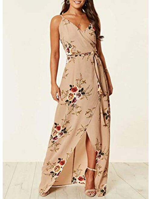 Sidefeel Womens V Neck Backless Floral Print Spaghetti Strap Split Dresses