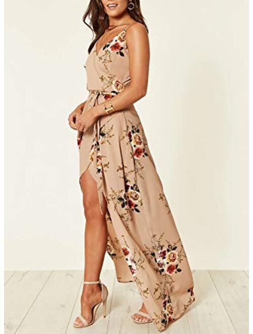 Sidefeel Womens V Neck Backless Floral Print Spaghetti Strap Split Dresses