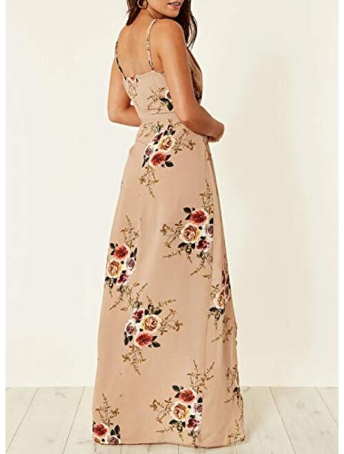 Sidefeel Womens V Neck Backless Floral Print Spaghetti Strap Split Dresses