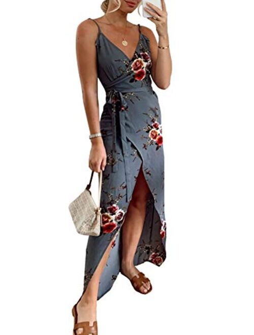 Sidefeel Womens V Neck Backless Floral Print Spaghetti Strap Split Dresses