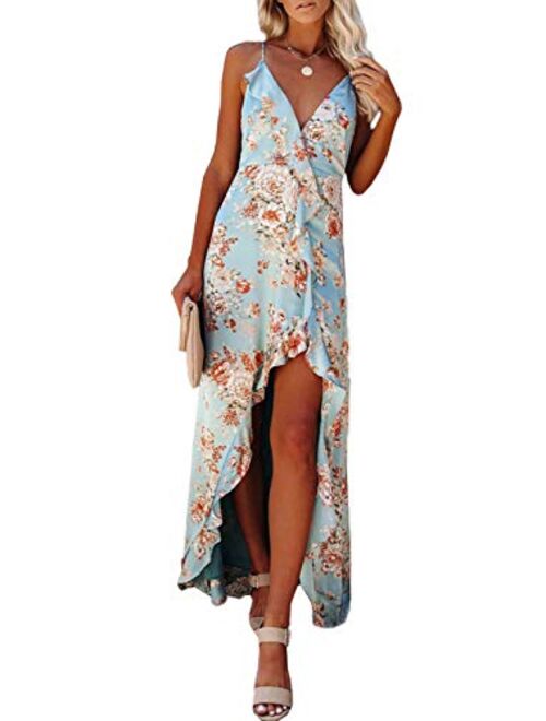 Sidefeel Womens V Neck Backless Floral Print Spaghetti Strap Split Dresses