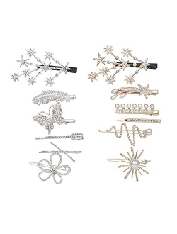 Women Hair Clips Set Pearls Hair Clips,12Pcs Handmade Hair Barrettes Alligator Bobby Pins Gold Silver Glitter Crystal Geometric Hairpin Hair Accessories