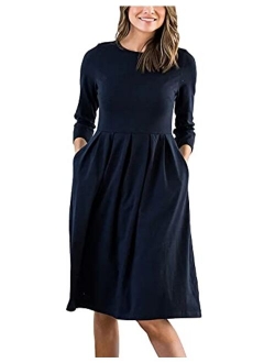 AOOKSMERY Women Casual Mid Pleat Draped Dress 3/4 Sleeve O-Neck Solid Printed Dresses with Pocket