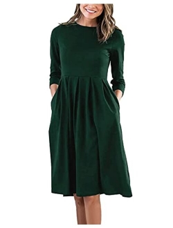 AOOKSMERY Women Casual Mid Pleat Draped Dress 3/4 Sleeve O-Neck Solid Printed Dresses with Pocket