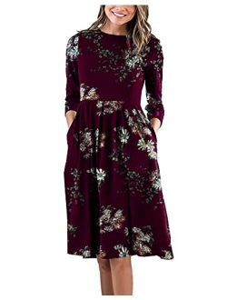 AOOKSMERY Women Casual Mid Pleat Draped Dress 3/4 Sleeve O-Neck Solid Printed Dresses with Pocket