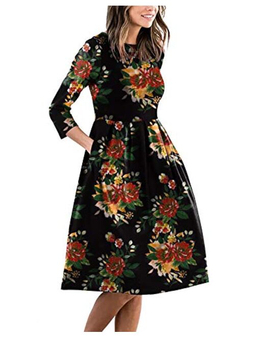 AOOKSMERY Women Casual Mid Pleat Draped Dress 3/4 Sleeve O-Neck Solid Printed Dresses with Pocket