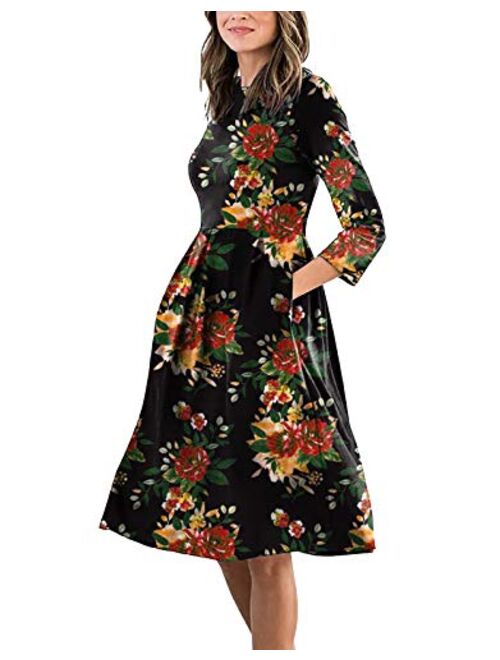 AOOKSMERY Women Casual Mid Pleat Draped Dress 3/4 Sleeve O-Neck Solid Printed Dresses with Pocket