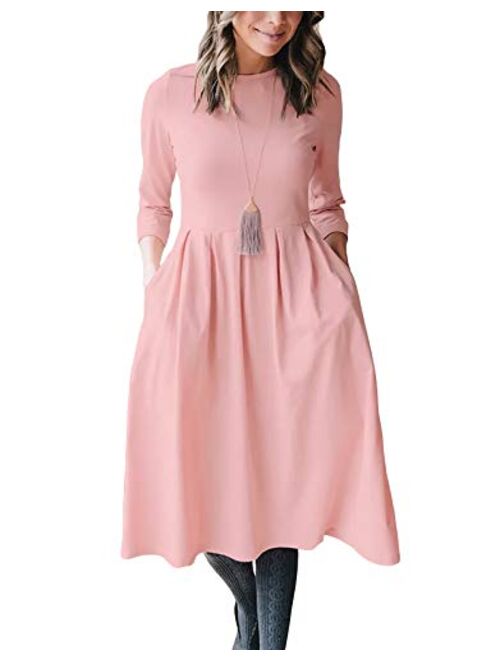 AOOKSMERY Women Casual Mid Pleat Draped Dress 3/4 Sleeve O-Neck Solid Printed Dresses with Pocket