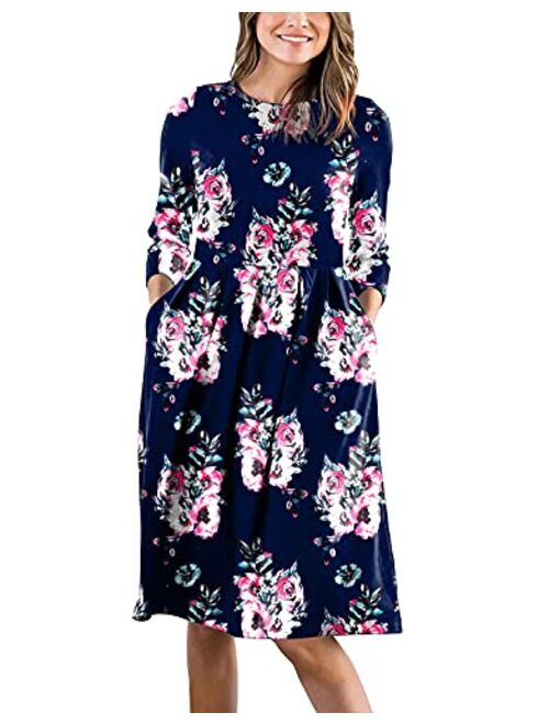 AOOKSMERY Women Casual Mid Pleat Draped Dress 3/4 Sleeve O-Neck Solid Printed Dresses with Pocket