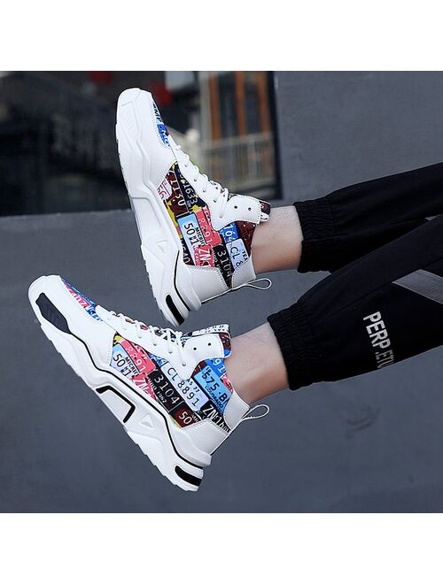 New Men Graffiti Sneakers Casual Walking Shoes Lovers Printing Fashion Cartoon Canvas Shoes Flat Tenis High Top Skateboard Shoes