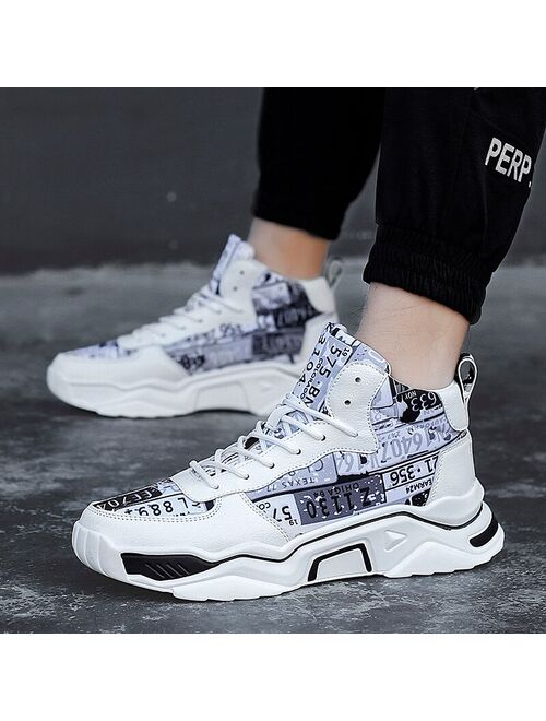 New Men Graffiti Sneakers Casual Walking Shoes Lovers Printing Fashion Cartoon Canvas Shoes Flat Tenis High Top Skateboard Shoes