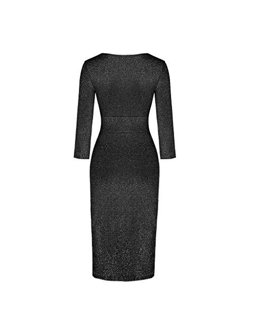 Lutos Women V Neck Sequins Wrap Ruched Bodycon Long Sleeve High Slit Nightclub Party Prom Casual Dress