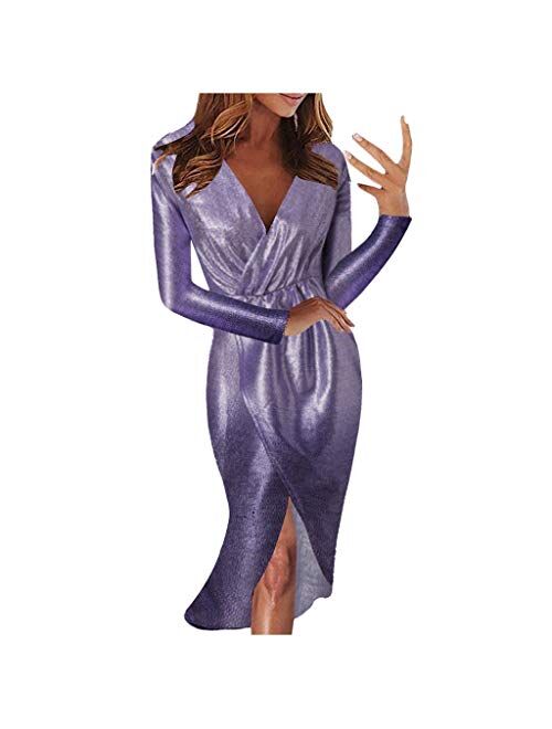 Lutos Women V Neck Sequins Wrap Ruched Bodycon Long Sleeve High Slit Nightclub Party Prom Casual Dress