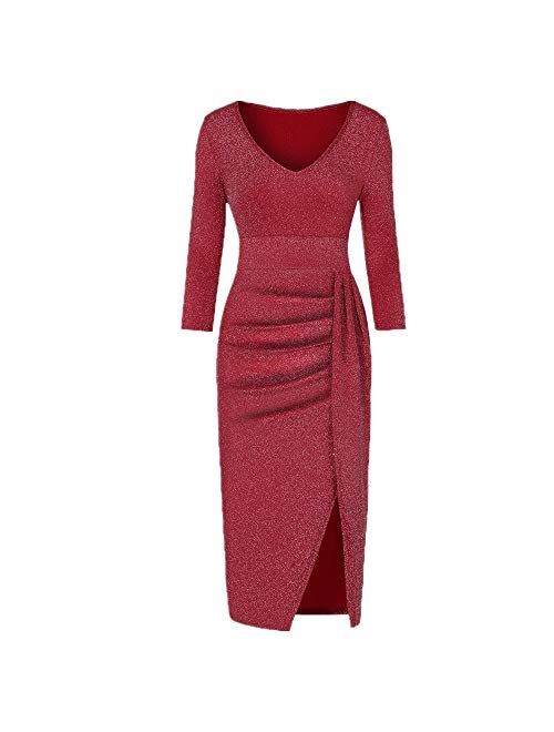 Lutos Women V Neck Sequins Wrap Ruched Bodycon Long Sleeve High Slit Nightclub Party Prom Casual Dress