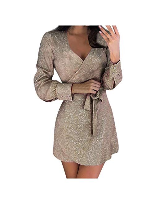 Lutos Women V Neck Sequins Wrap Ruched Bodycon Long Sleeve High Slit Nightclub Party Prom Casual Dress