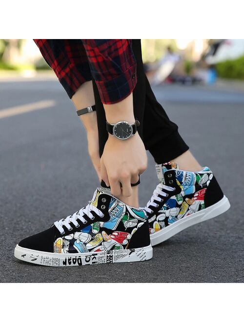 Men's Shoes Casual Flats Fashion Graffiti Printed High Top Men Sneakers Unisex Comfortable Fabric Men Footwear