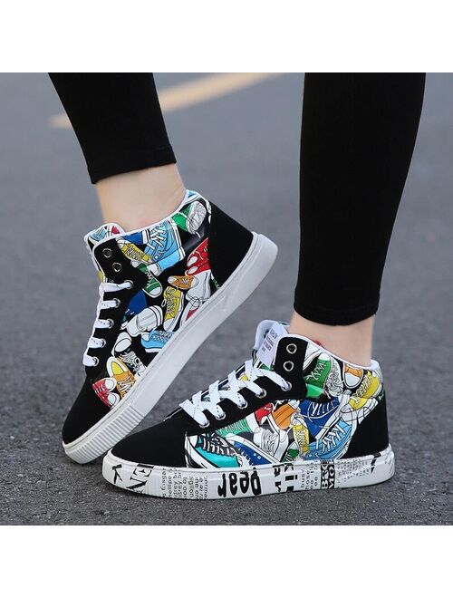 Men's Shoes Casual Flats Fashion Graffiti Printed High Top Men Sneakers Unisex Comfortable Fabric Men Footwear