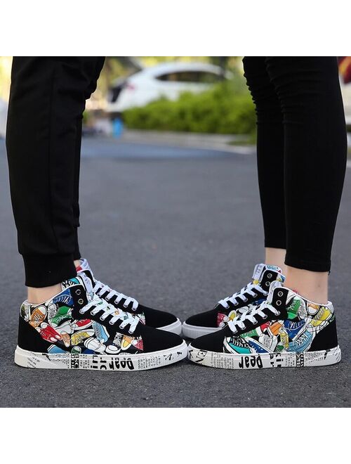 Men's Shoes Casual Flats Fashion Graffiti Printed High Top Men Sneakers Unisex Comfortable Fabric Men Footwear