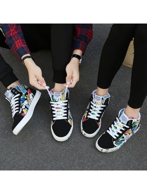 Men's Shoes Casual Flats Fashion Graffiti Printed High Top Men Sneakers Unisex Comfortable Fabric Men Footwear