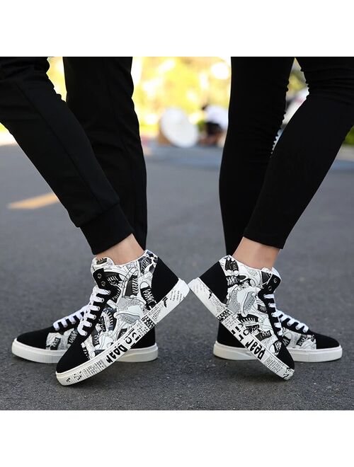 Men's Shoes Casual Flats Fashion Graffiti Printed High Top Men Sneakers Unisex Comfortable Fabric Men Footwear