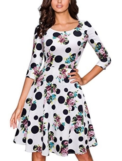 VELJIE Women's Retro 1950s Style 3/4 Sleeve Floral Print Flare A-line Dress