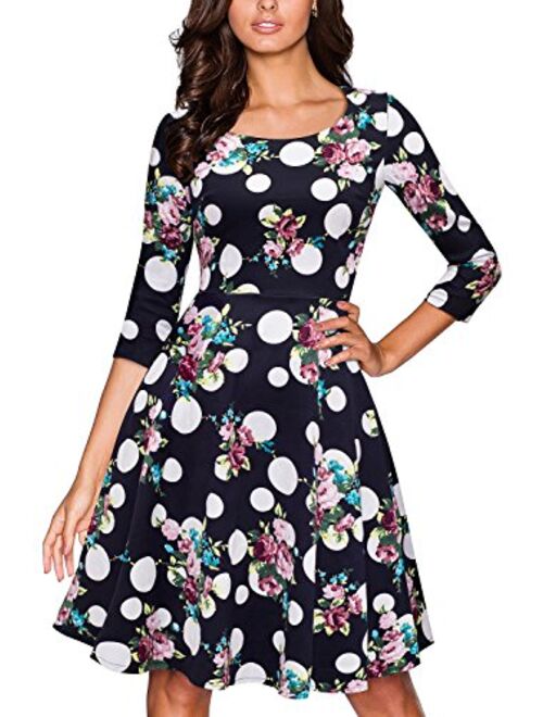 VELJIE Women's Retro 1950s Style 3/4 Sleeve Floral Print Flare A-line Dress