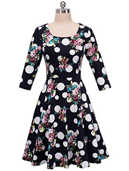 VELJIE Women's Retro 1950s Style 3/4 Sleeve Floral Print Flare A-line Dress