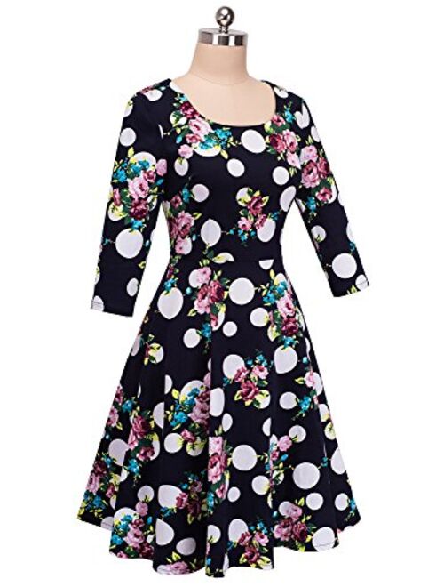 VELJIE Women's Retro 1950s Style 3/4 Sleeve Floral Print Flare A-line Dress