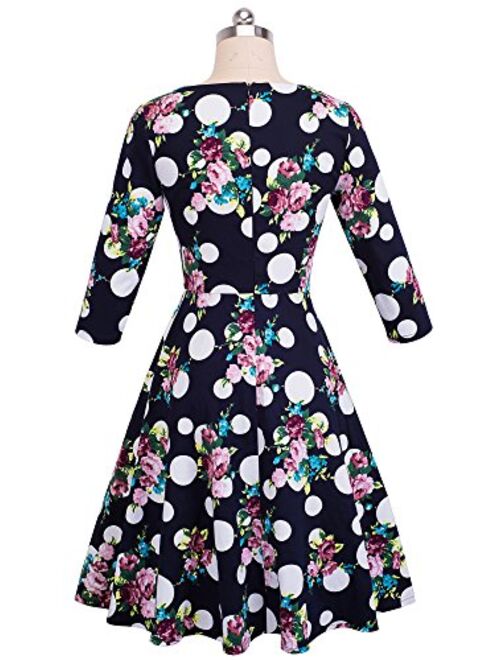 VELJIE Women's Retro 1950s Style 3/4 Sleeve Floral Print Flare A-line Dress