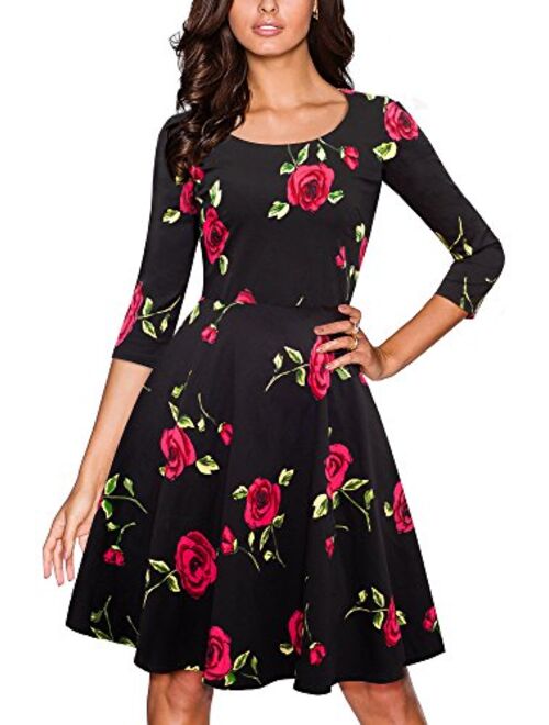 VELJIE Women's Retro 1950s Style 3/4 Sleeve Floral Print Flare A-line Dress