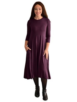 Kosher Casual Women's Modest Casual 3-4 Sleeve Mid-Calf Swing T Shirt Dress with Pockets